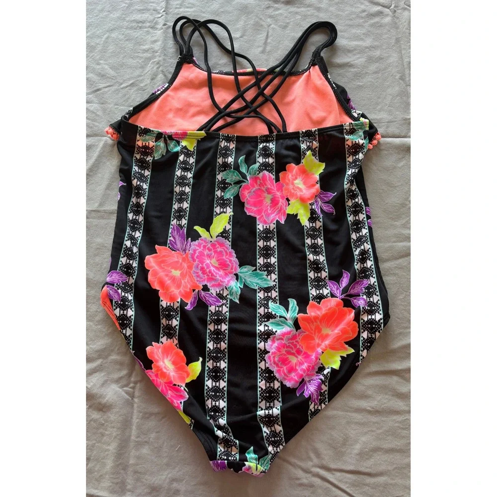 Wonder Nation Girls Floral Stripe One Piece Swimsuit Pom Pom Ruffle Black 10-12